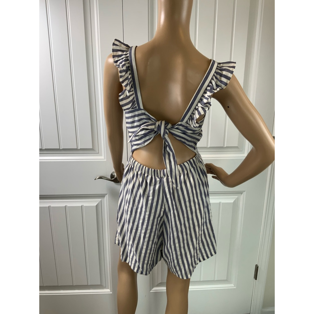Women's Striped Romper Romper Size 6 Blue/White Ruffles Fitted Waist Cottagecore - Picture 14 of 16